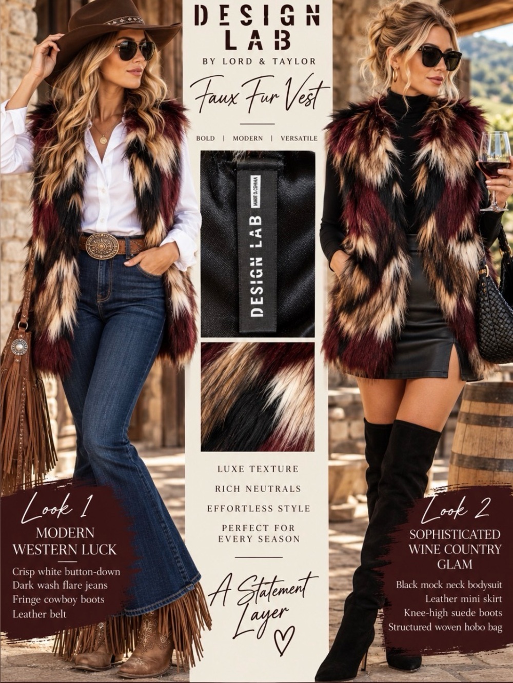 Design Lab Lord & Taylor Patchwork Faux Fur Vest Size S/M